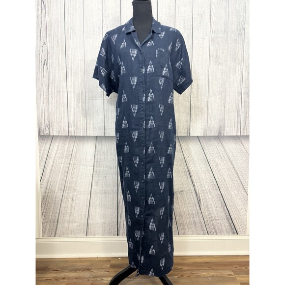Garnet Hill Women's XL Navy Blue Linen Button-Front Midi Dress Beach Coastal - Picture 4 of 11